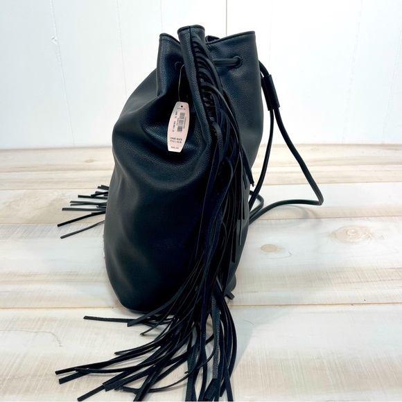 Victoria’s Secret NWT Black Faux Leather Fringe Drawstring Backpack Vegan - Picture 3 of 9